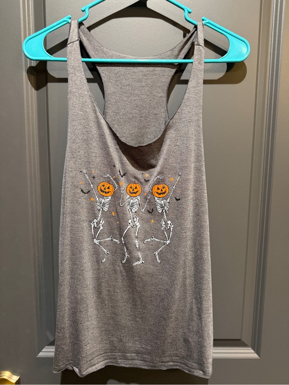 Women's SHEIN Gray Halloween Skeleton Tank with Pumpkin Faces